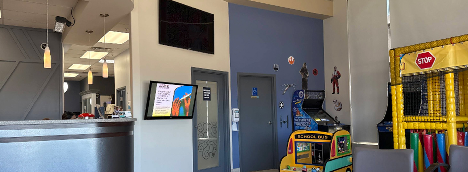 The image shows a collage of three photographs within a room, featuring a television screen, a storefront display with toys, and an interior view of a restaurant with a play area.