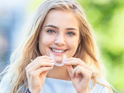 A smiling young woman holding a clear plastic retainer in her mouth.