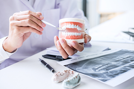 The image shows a person holding a cup with a dental model inside, while another individual appears to be examining a set of X-rays or medical images on a table.