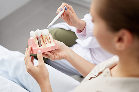 The image shows a dental professional examining a model mouth with a toothpick, while another person holds up a pink dental model for inspection.